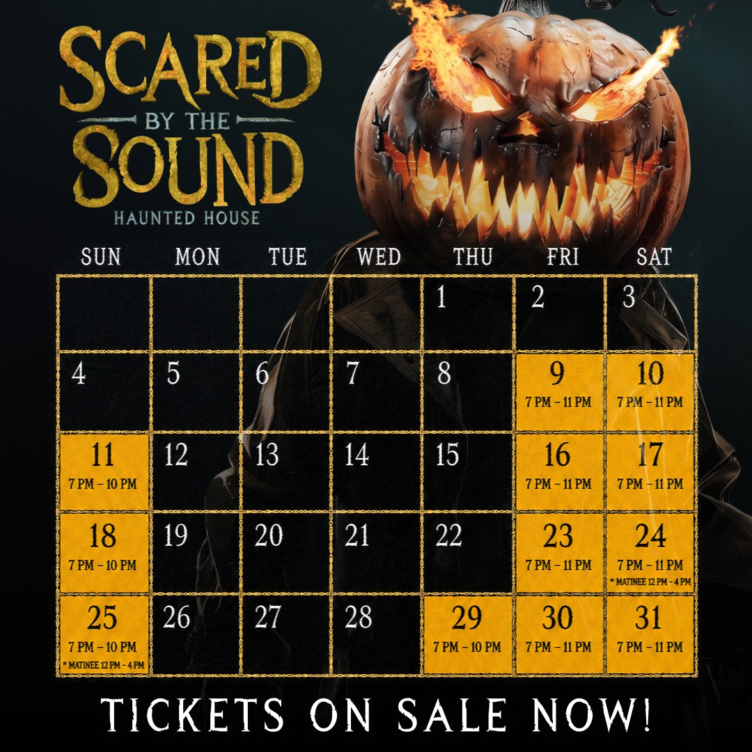 October 2026 calendar: open Fridays and Saturdays 7 to 11 PM, Sundays and Thursday October 29 from 7 to 10 PM, with a kids matinee on October 24 and 25 from 12 to 4 PM.